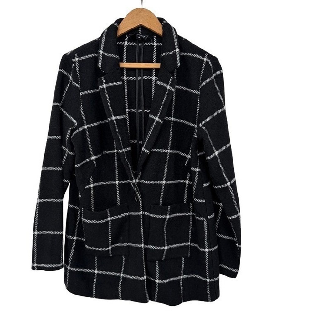 HAVE Blazer Jacket Black Windowpane Plaid Wool Blend Knit Boyfriend‎ Size MD